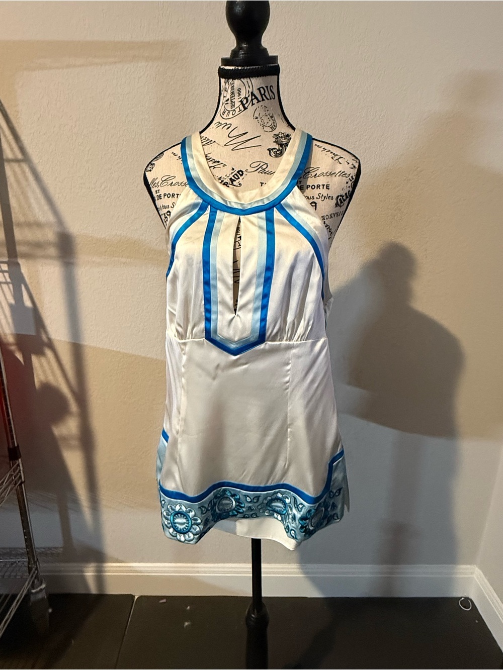 bebe Silk Halter Top S White Blue Embroidered Y2K NWT $79